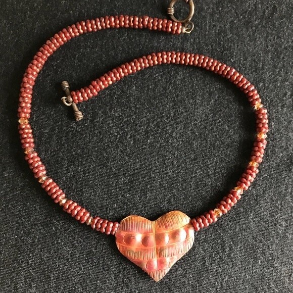 Vintage Copper Heart Choker Necklace Swarovksi Crystal Beads Approx 15” Toggle - Picture 2 of 8